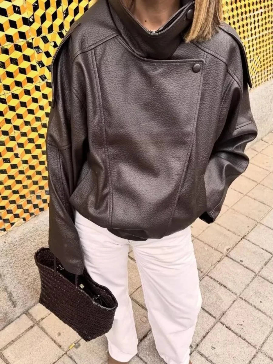 Gabrielle Zip-Up Faux Leather Moto Jacket - WowStore.live