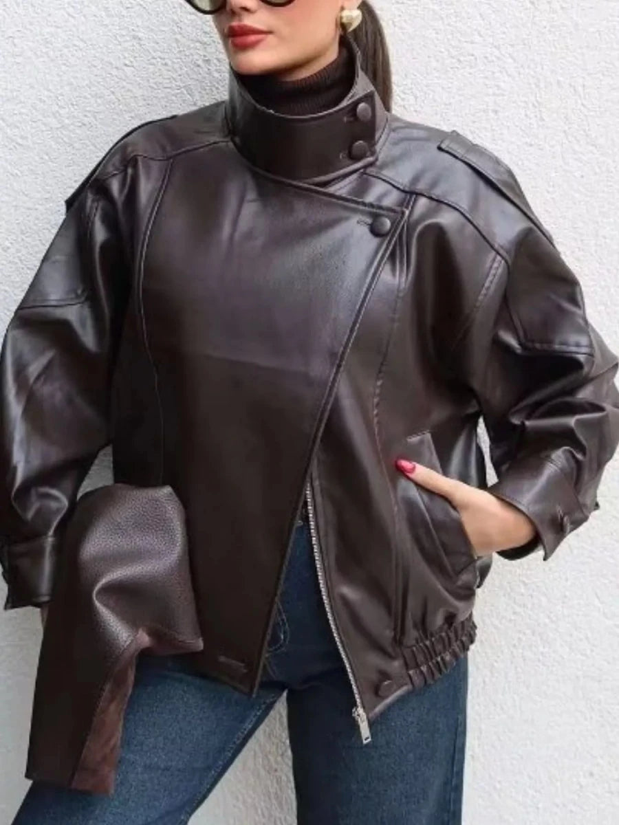 Gabrielle Zip-Up Faux Leather Moto Jacket - WowStore.live