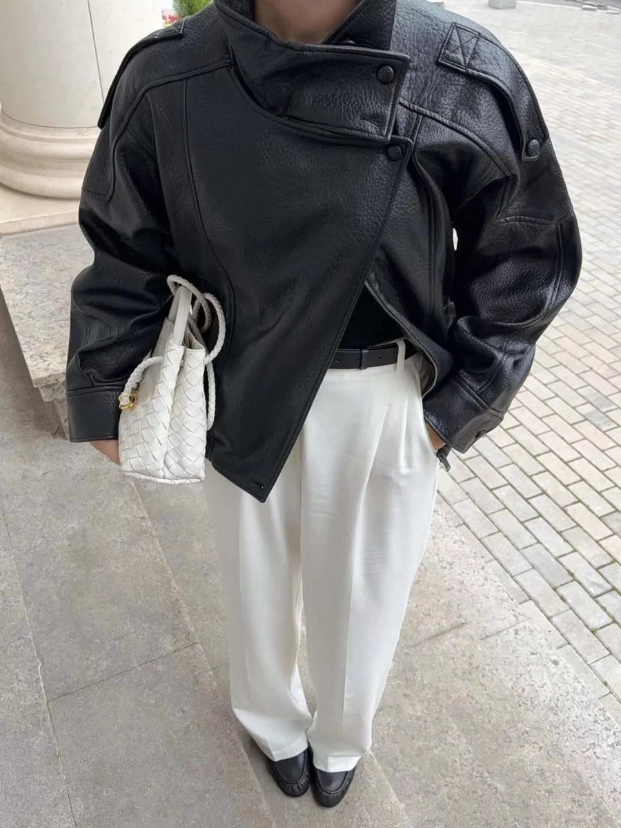 Gabrielle Zip-Up Faux Leather Moto Jacket - WowStore.live