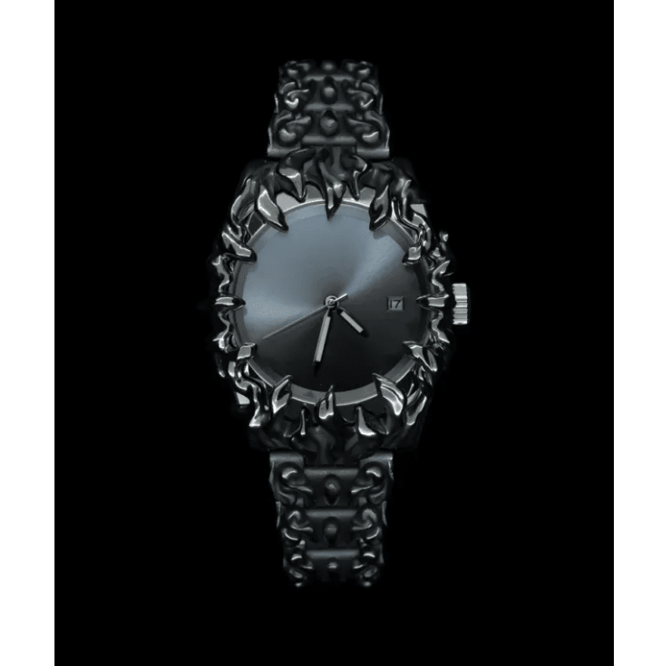 Geometric Quartz Timepiece with dark gray dial and decorative metal pattern, front view on dark background