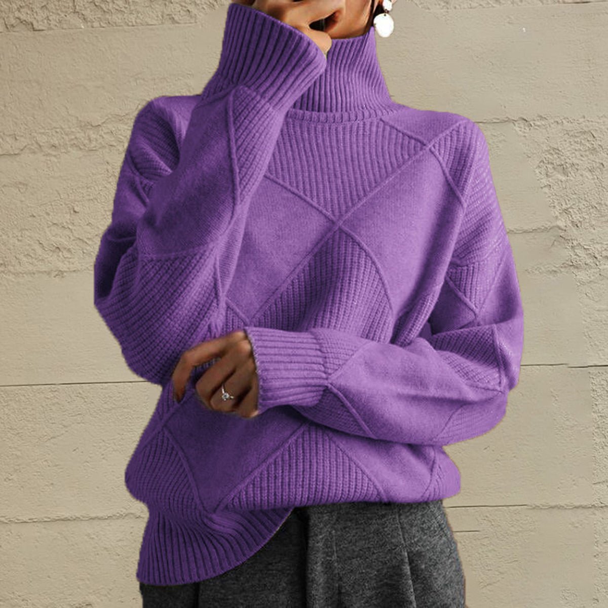 Geometric Turtleneck Long Sleeve Sweater - Wow Store
