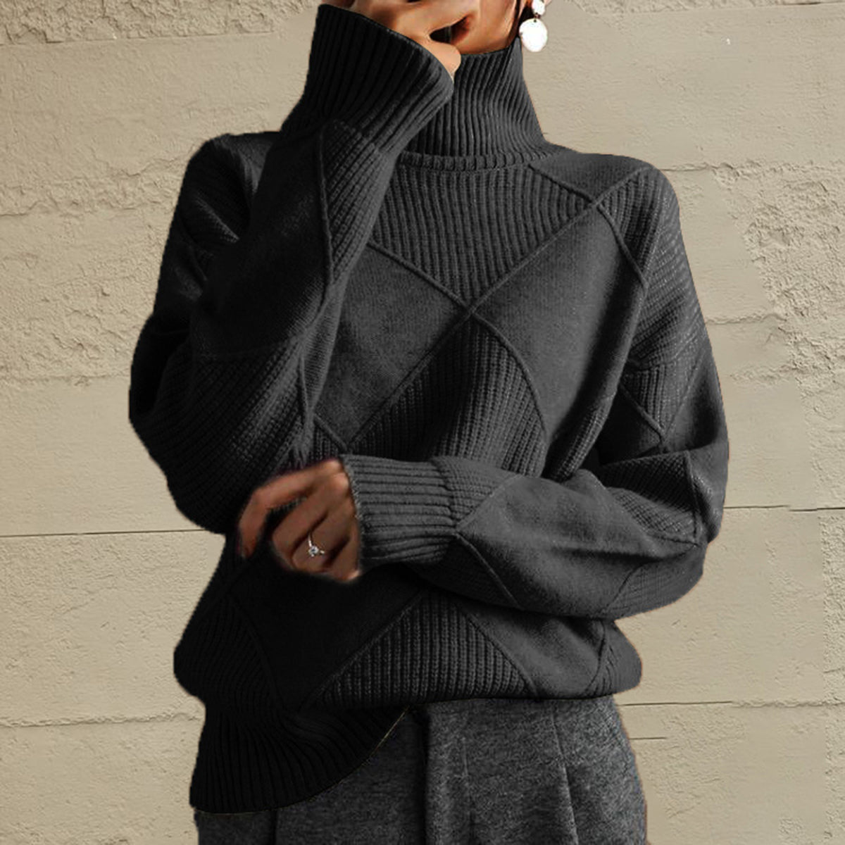 Geometric Turtleneck Long Sleeve Sweater - Wow Store