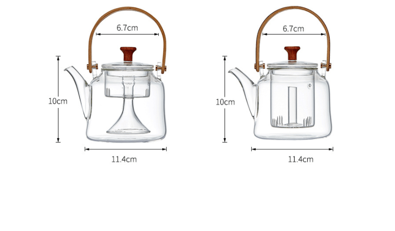 Size chart for glass teapot showing dimensions: 10 cm high, 11.4 cm wide, 6.7 cm handle opening, two views