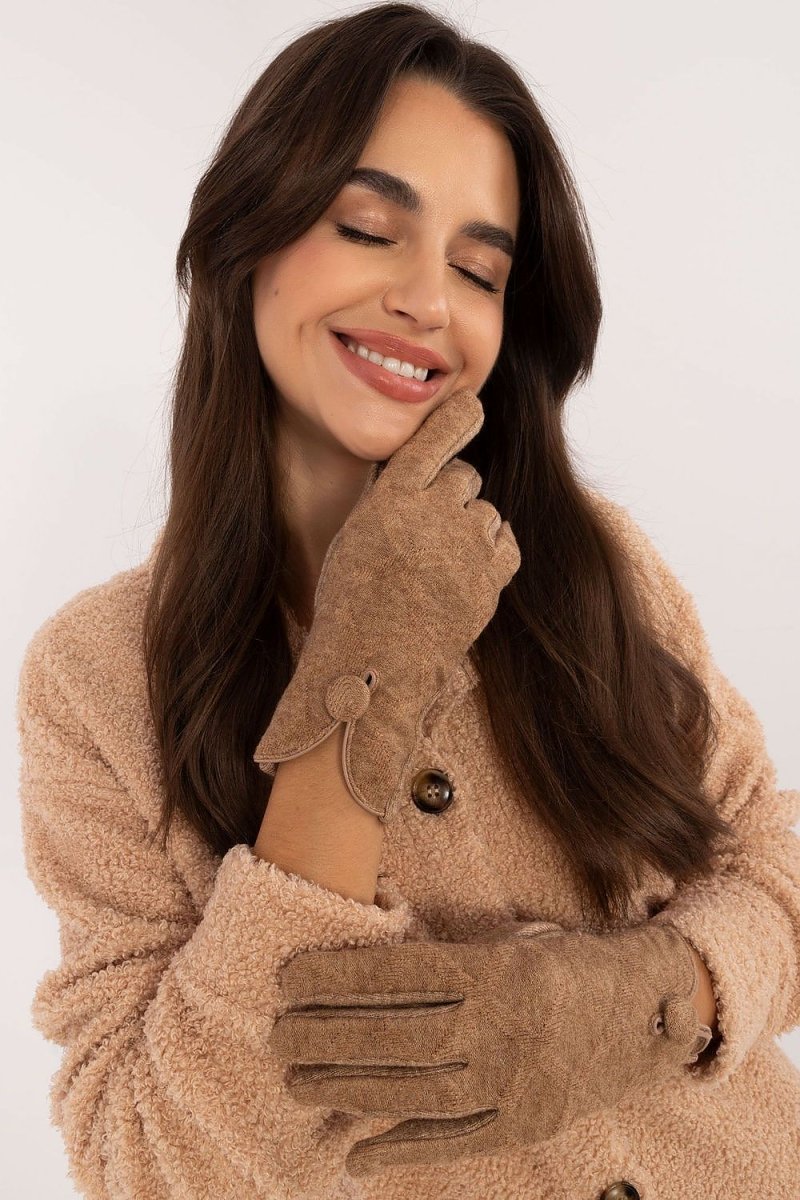 Brown leather gloves with thick lining, women's winter accessory, genuine leather touchscreen-compatible