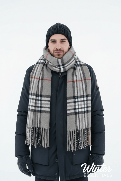 Gray Plaid Scarf Ultra Plush Pashmina Wool Blend 6ft Long Unisex Grey - Wow Store