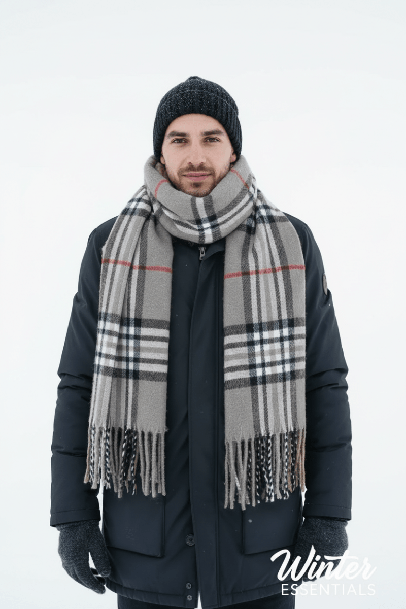 Gray Plaid Scarf Ultra Plush Pashmina Wool Blend 6ft Long Unisex Grey - Wow Store