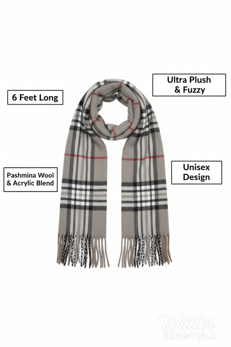 Gray Plaid Scarf Ultra Plush Pashmina Wool Blend 6ft Long Unisex Grey - Wow Store