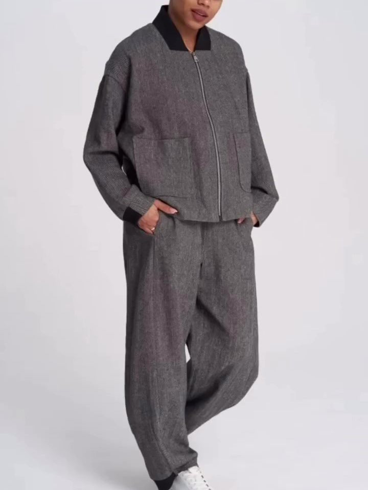 Grey Bomber Jacket and Wide-Leg Trousers Set for Women - WowStore.live