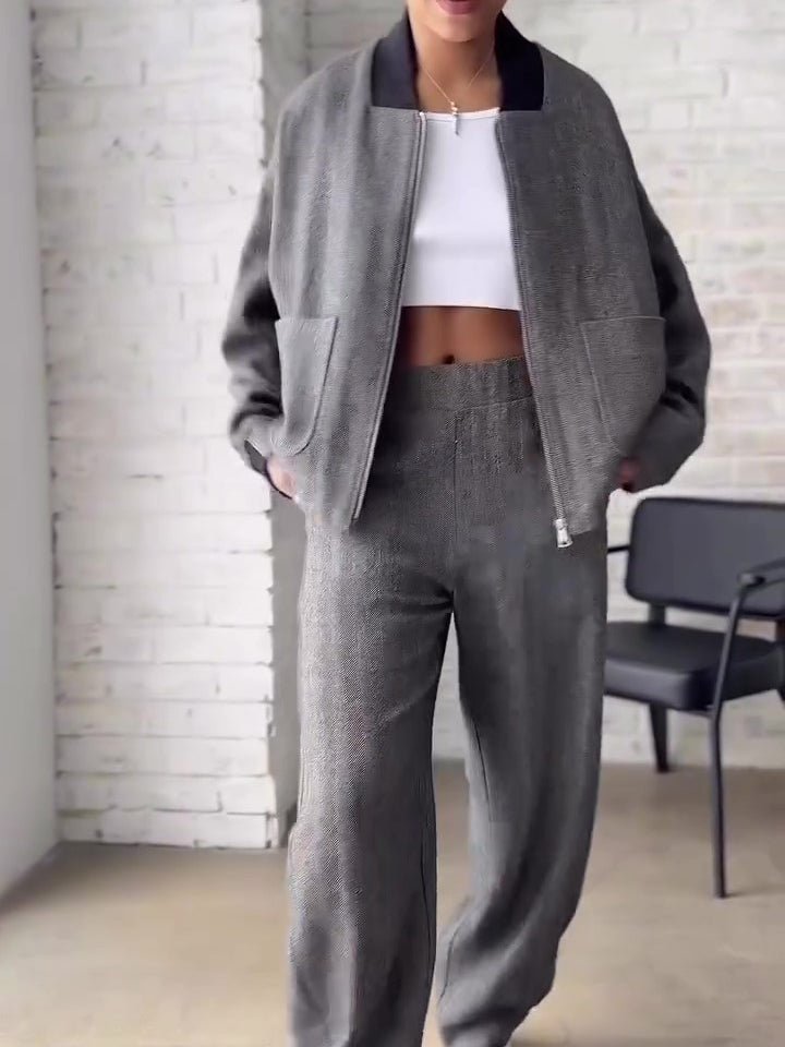 Grey Bomber Jacket and Wide-Leg Trousers Set for Women - WowStore.live