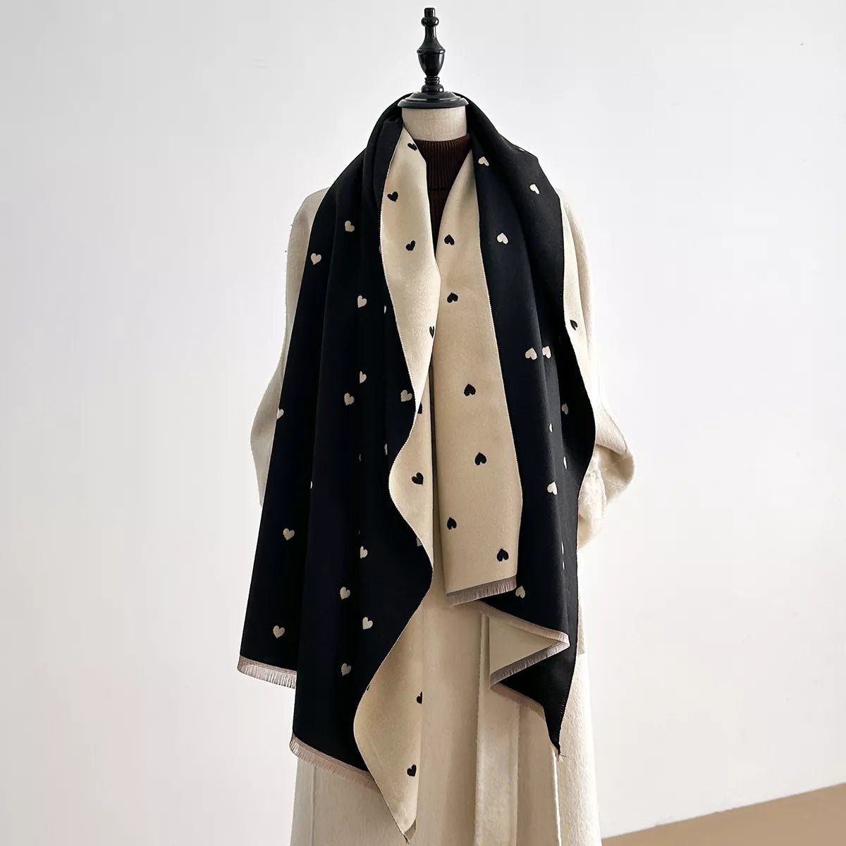 Heart - Patterned Raw Hem Winter Scarf - Wow Store