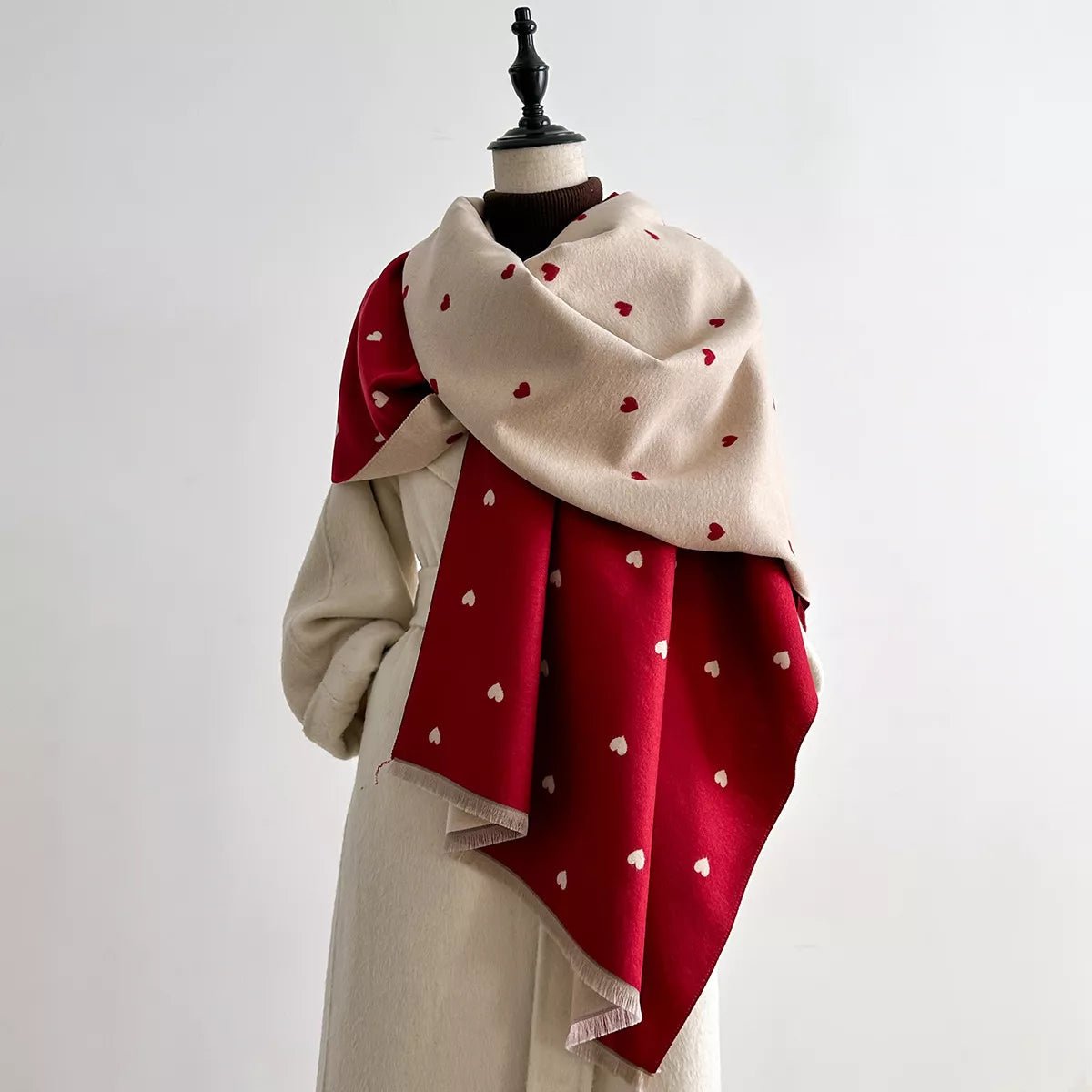 Heart - Patterned Raw Hem Winter Scarf - Wow Store