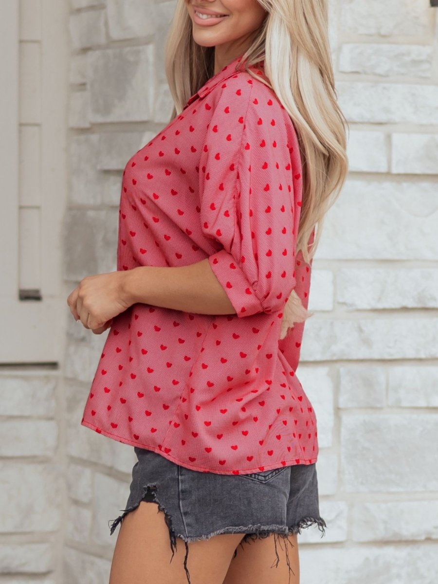 Heart Print Button - Down Shirt - Wow Store