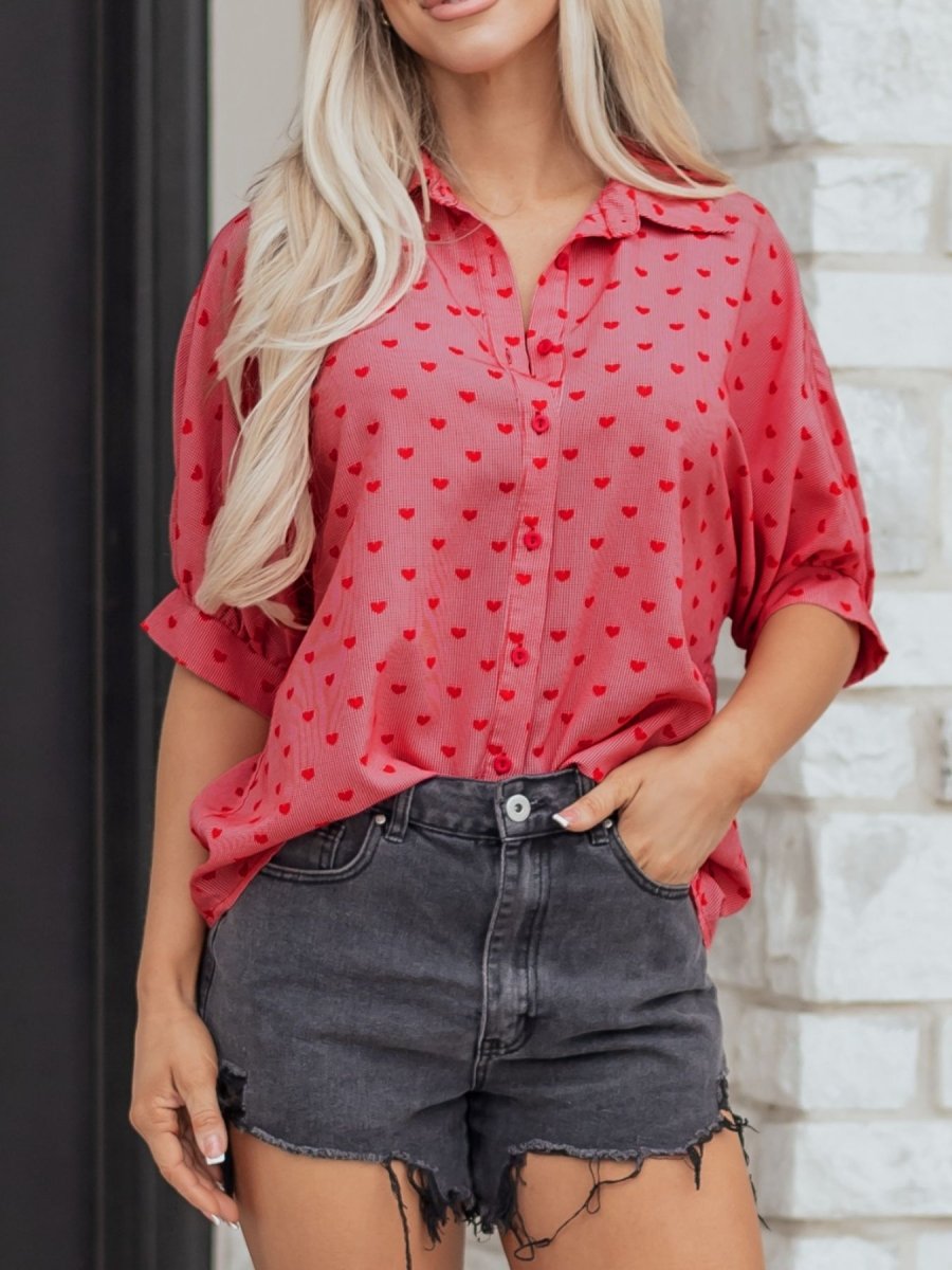 Heart Print Button - Down Shirt - Wow Store