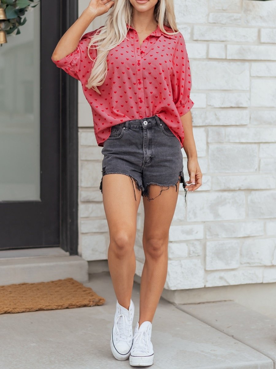 Heart Print Button - Down Shirt - Wow Store
