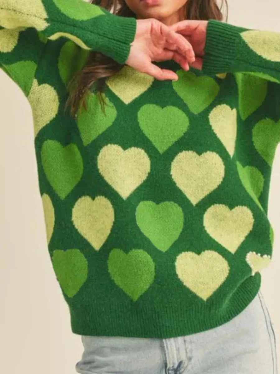 Heart Ribbed Hem Long Sleeve Sweater - Wow Store
