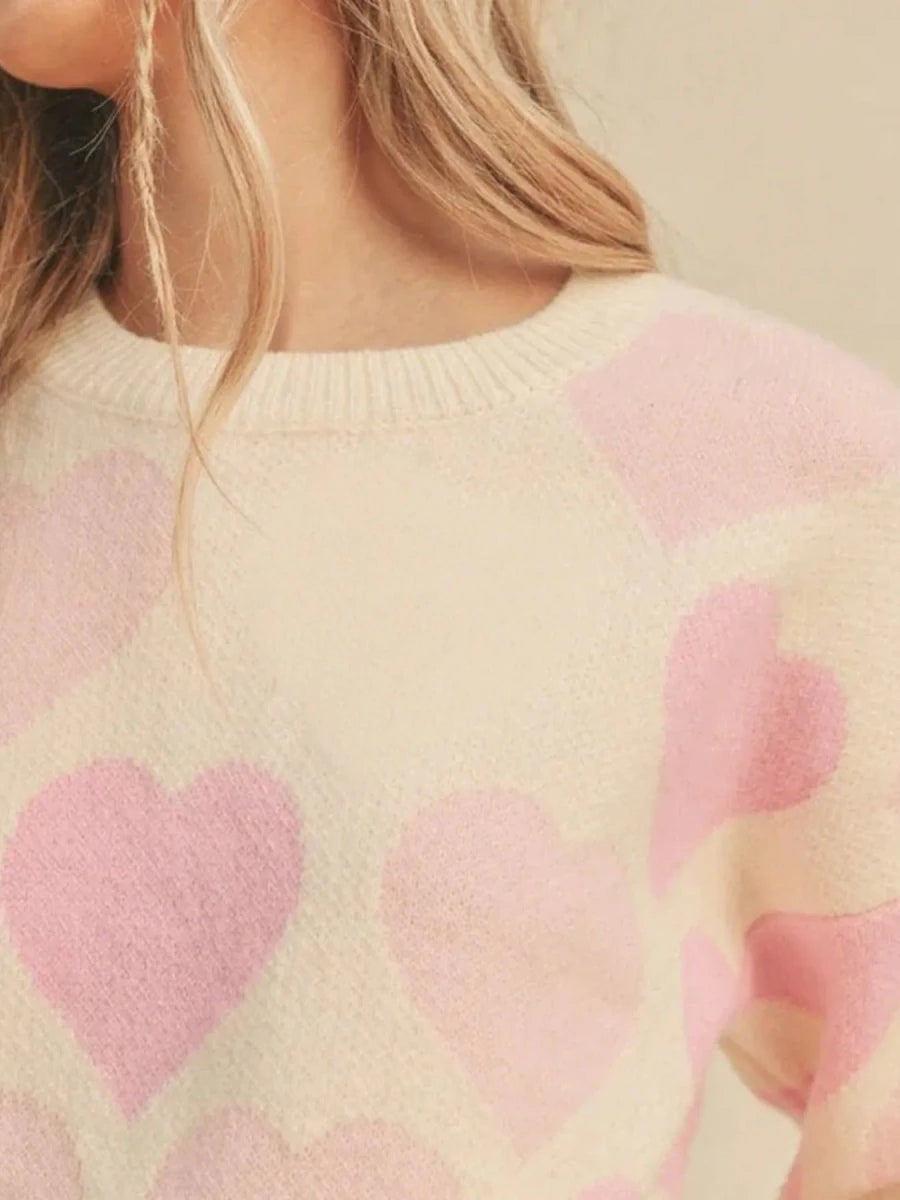 Heart Ribbed Hem Long Sleeve Sweater - Wow Store