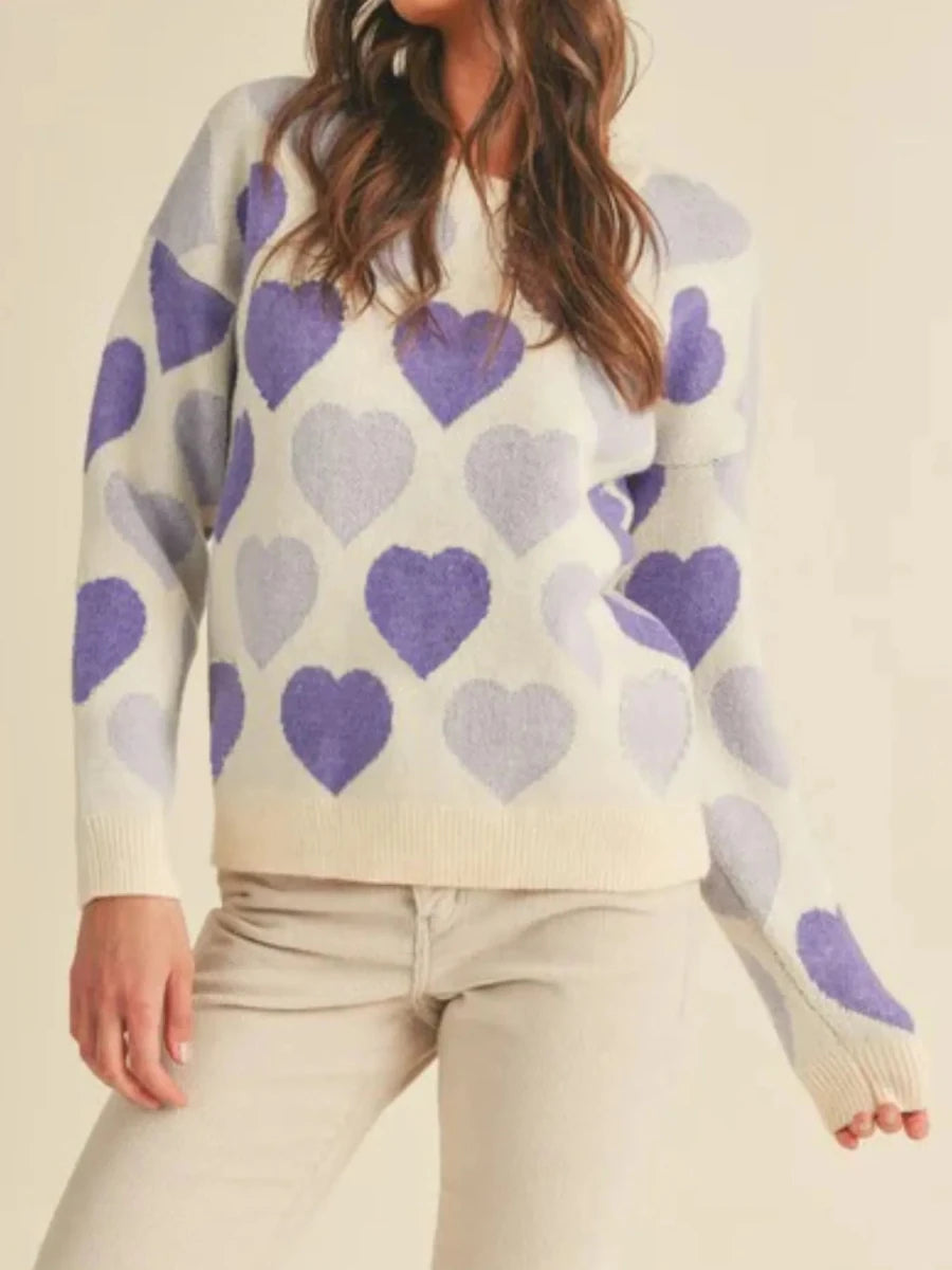 Heart Ribbed Hem Long Sleeve Sweater - Wow Store