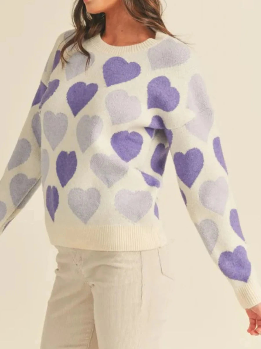Heart Ribbed Hem Long Sleeve Sweater - Wow Store