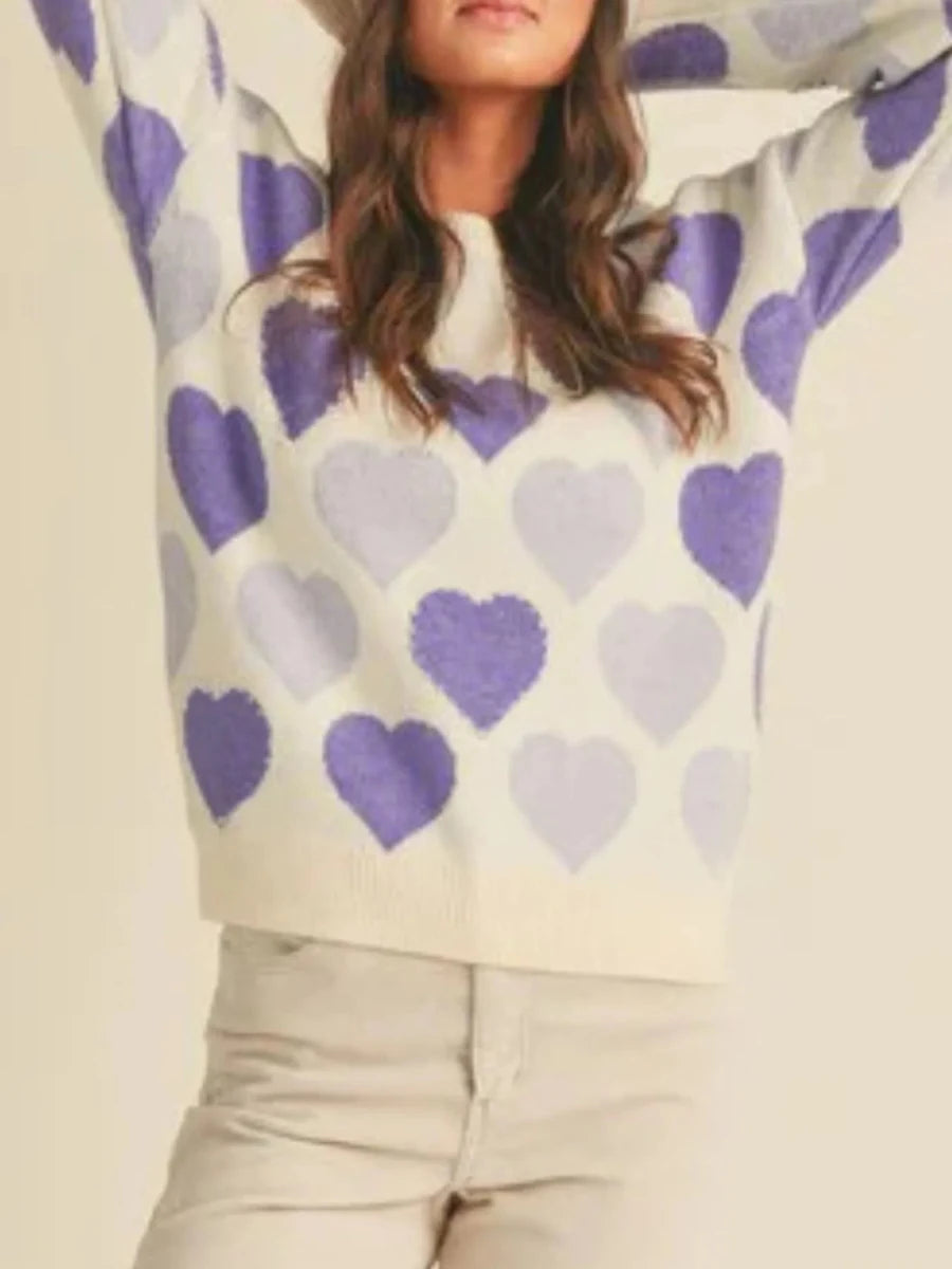 Heart Ribbed Hem Long Sleeve Sweater - Wow Store