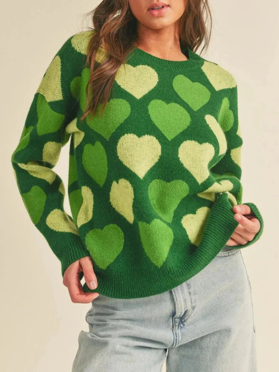 Heart Ribbed Hem Long Sleeve Sweater - Wow Store
