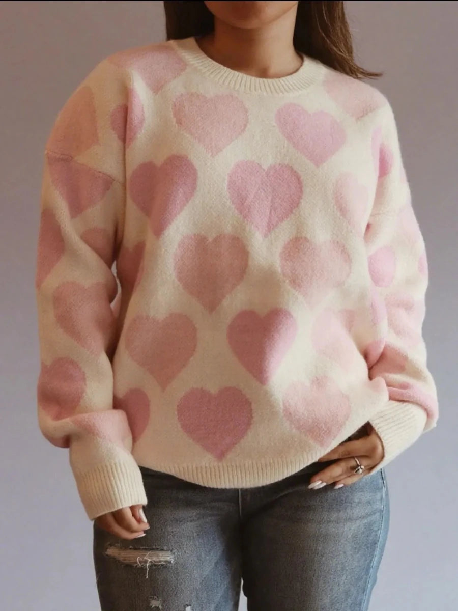 Heart Ribbed Hem Long Sleeve Sweater - Wow Store
