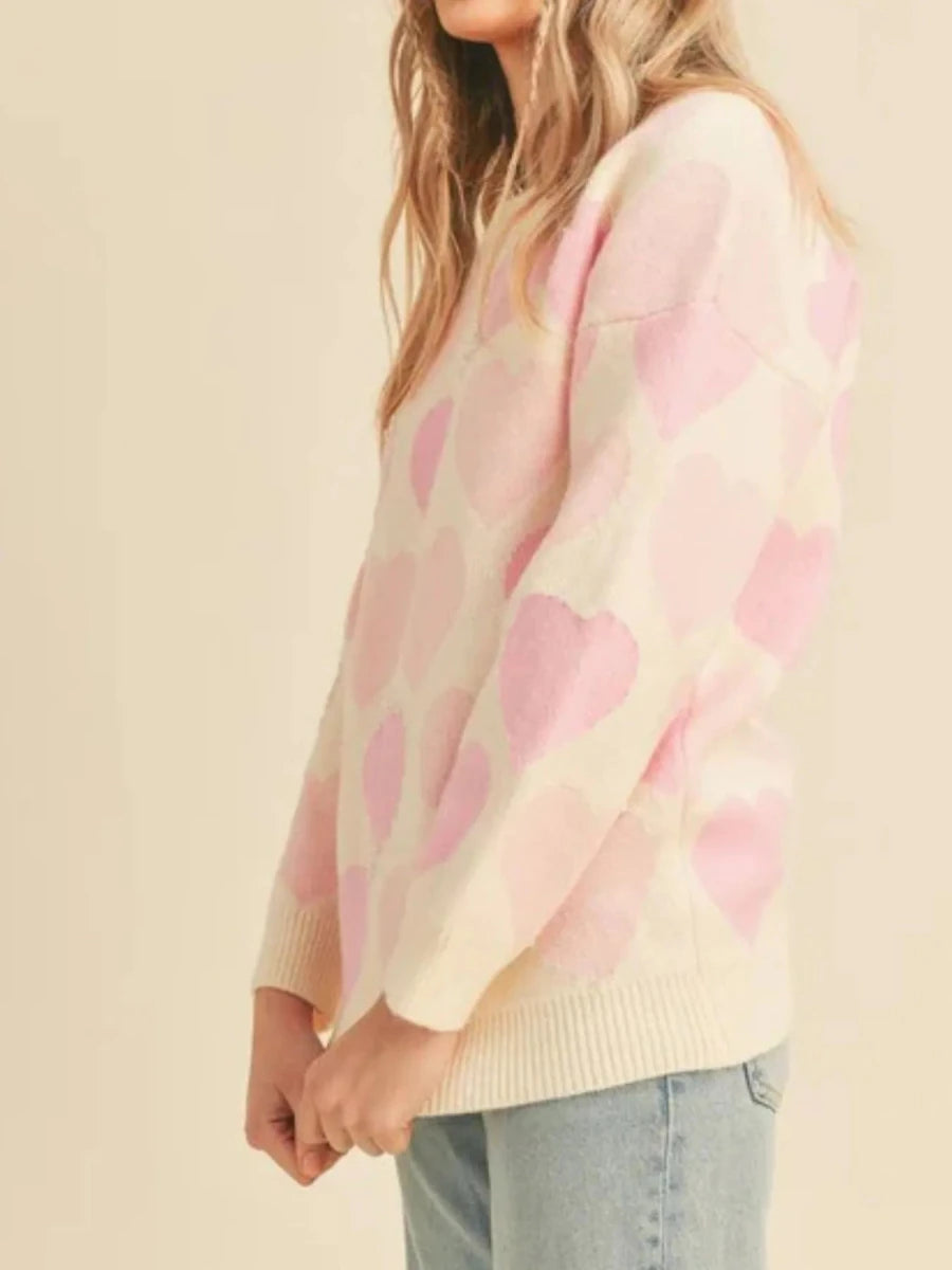 Heart Ribbed Hem Long Sleeve Sweater - Wow Store