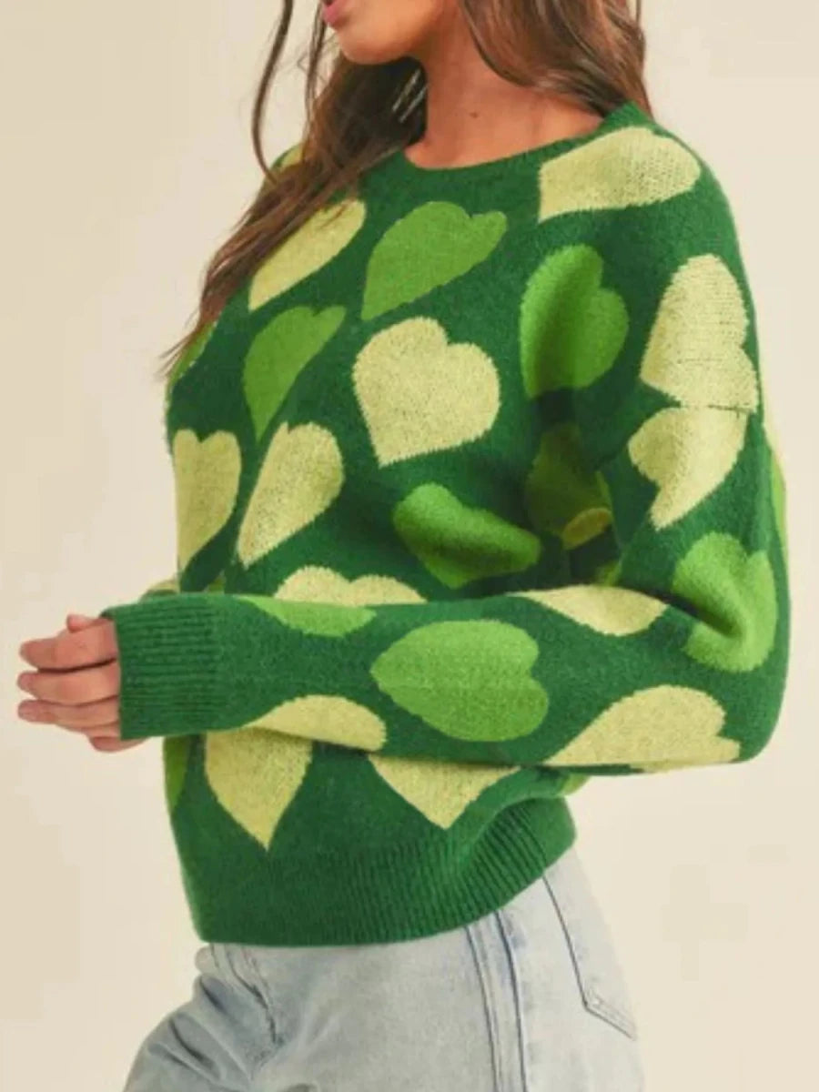 Heart Ribbed Hem Long Sleeve Sweater - Wow Store