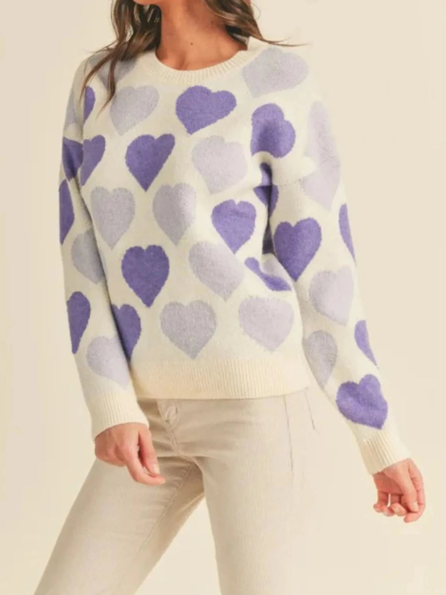 Heart Ribbed Hem Long Sleeve Sweater - Wow Store