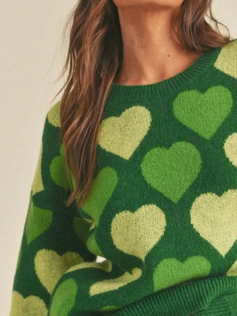 Heart Ribbed Hem Long Sleeve Sweater - Wow Store