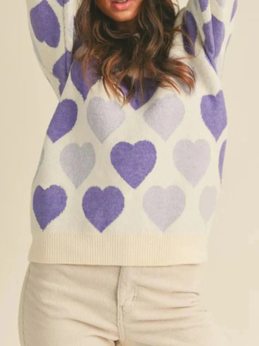 Heart Ribbed Hem Long Sleeve Sweater - Wow Store