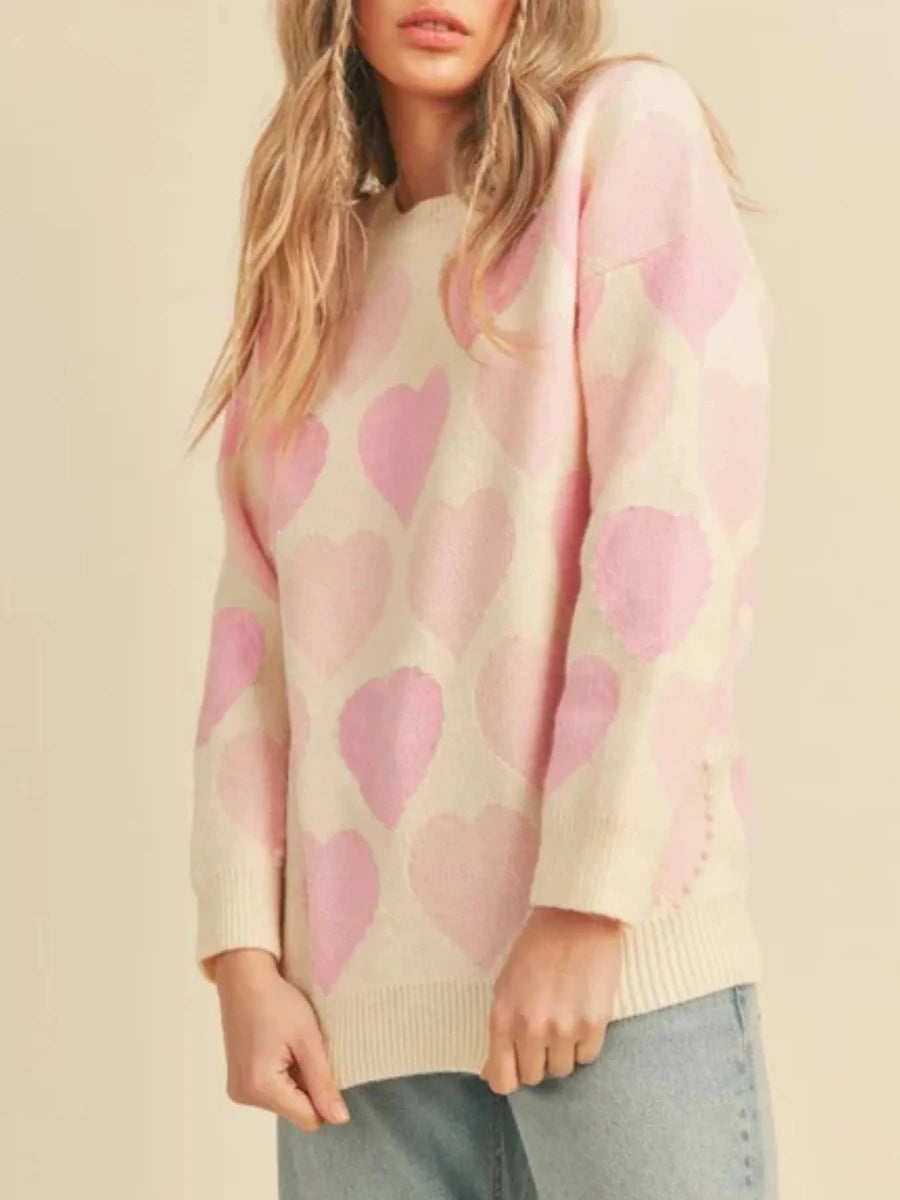 Heart Ribbed Hem Long Sleeve Sweater - Wow Store
