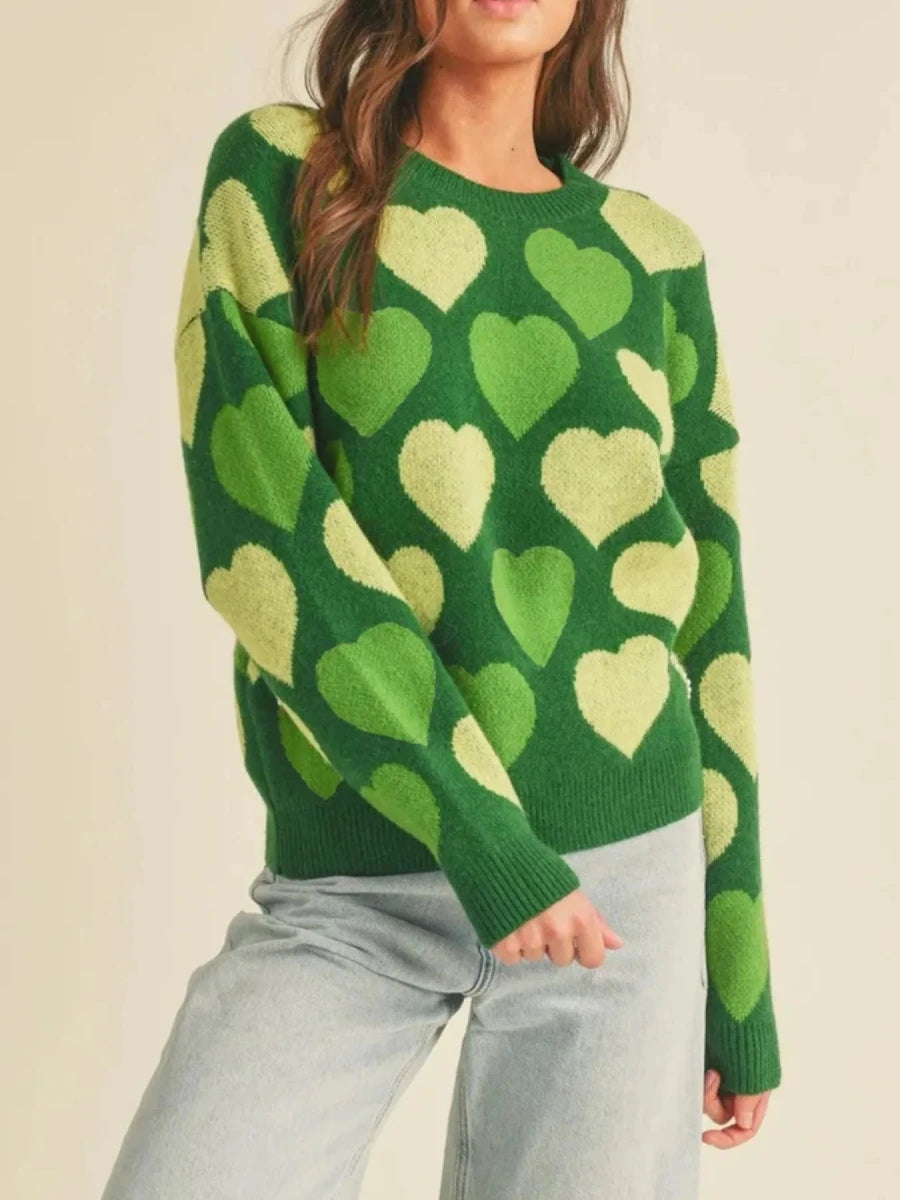 Heart Ribbed Hem Long Sleeve Sweater - Wow Store