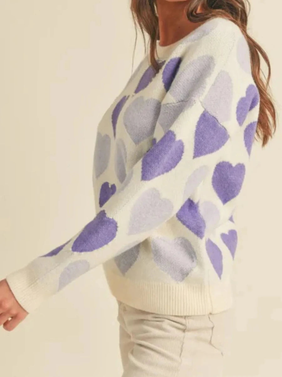 Heart Ribbed Hem Long Sleeve Sweater - Wow Store