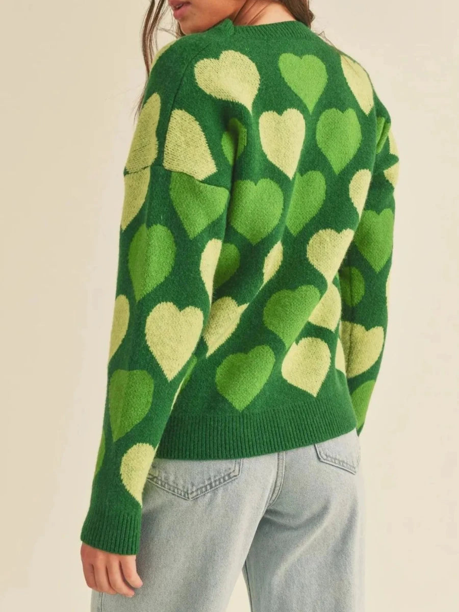 Heart Ribbed Hem Long Sleeve Sweater - Wow Store