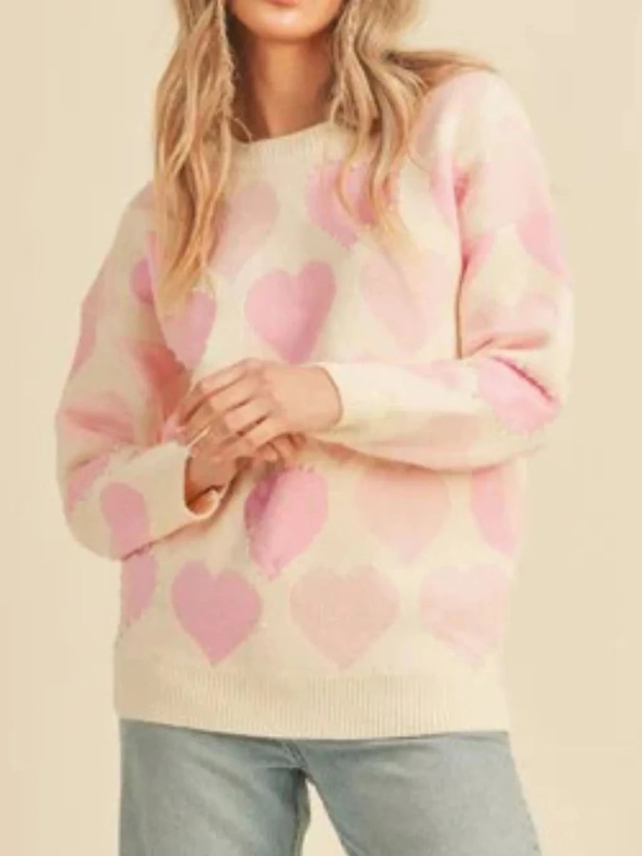 Heart Ribbed Hem Long Sleeve Sweater - Wow Store