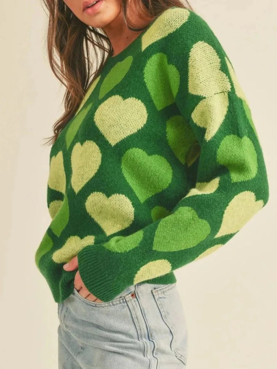 Heart Ribbed Hem Long Sleeve Sweater - Wow Store
