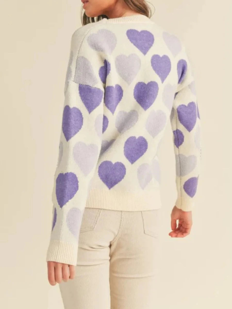Heart Ribbed Hem Long Sleeve Sweater - Wow Store