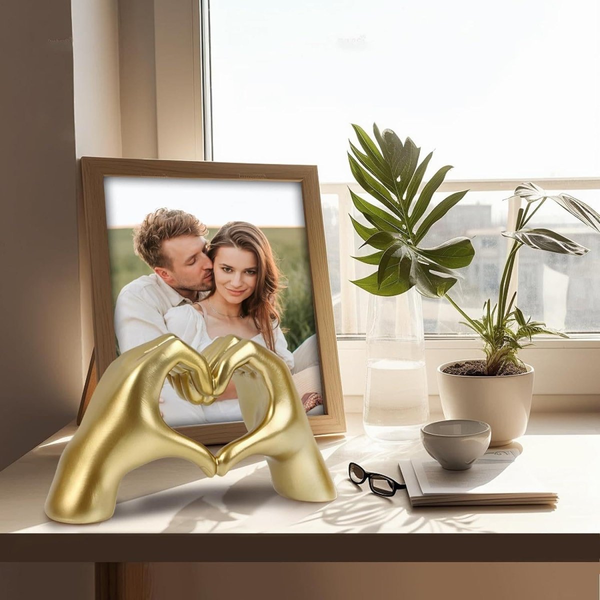 Heart-shaped love finger statue on white background – romantic home decor gift