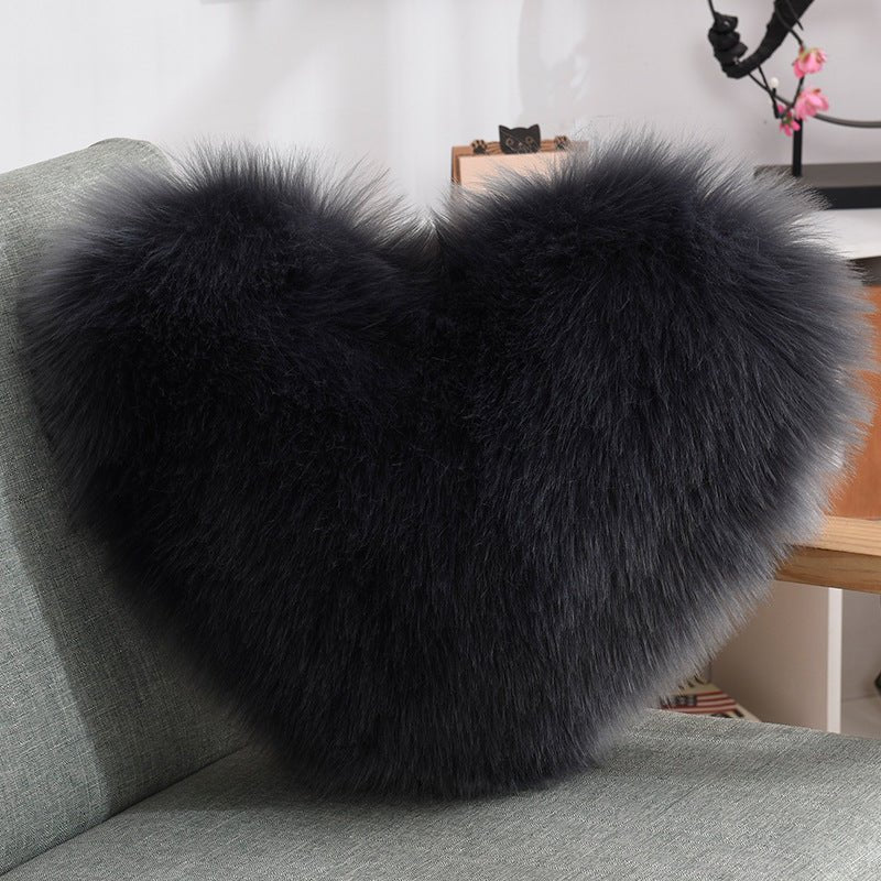 Heart-Shaped Shaggy Cushion in Plush Faux Fur in dark grey — view 2