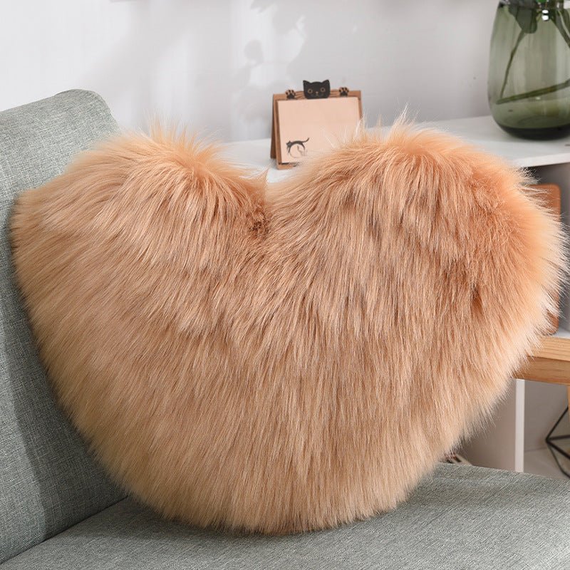 Heart-Shaped Shaggy Cushion in Plush Faux Fur in khaki