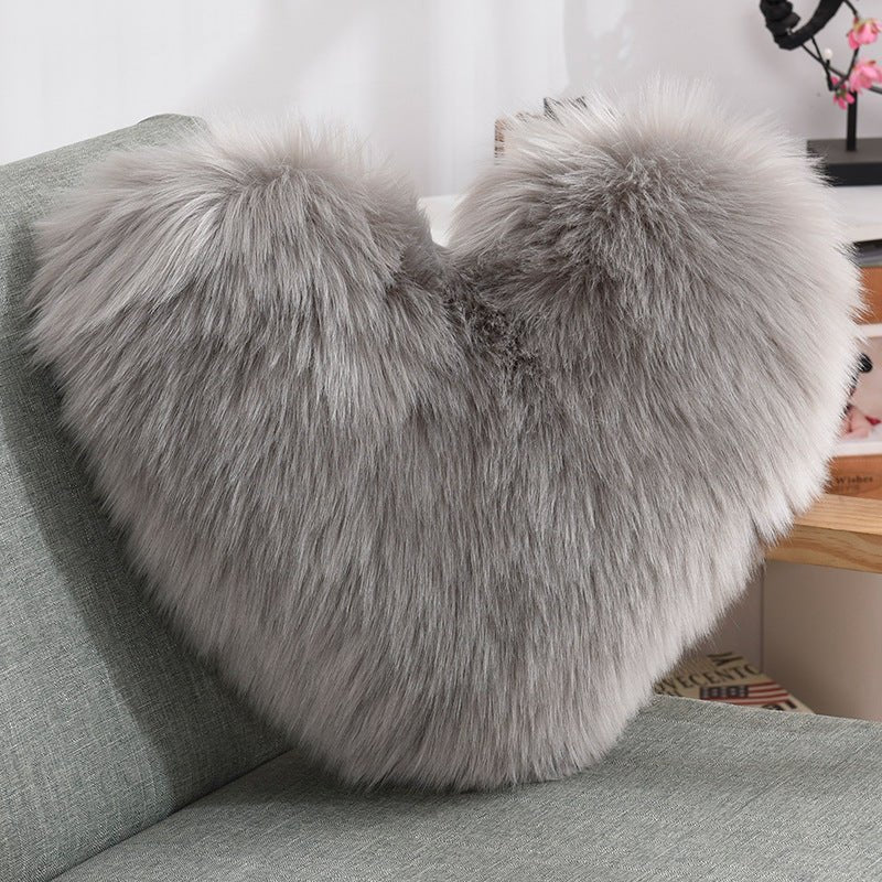 Heart-Shaped Shaggy Cushion in Plush Faux Fur in light grey