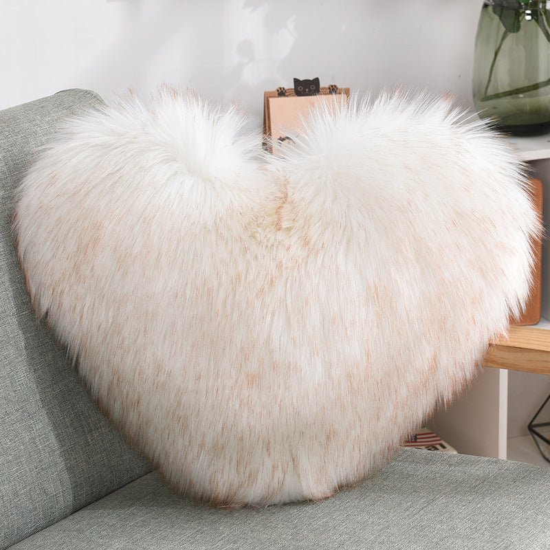 Heart-Shaped Shaggy Cushion in Plush Faux Fur in white yellow
