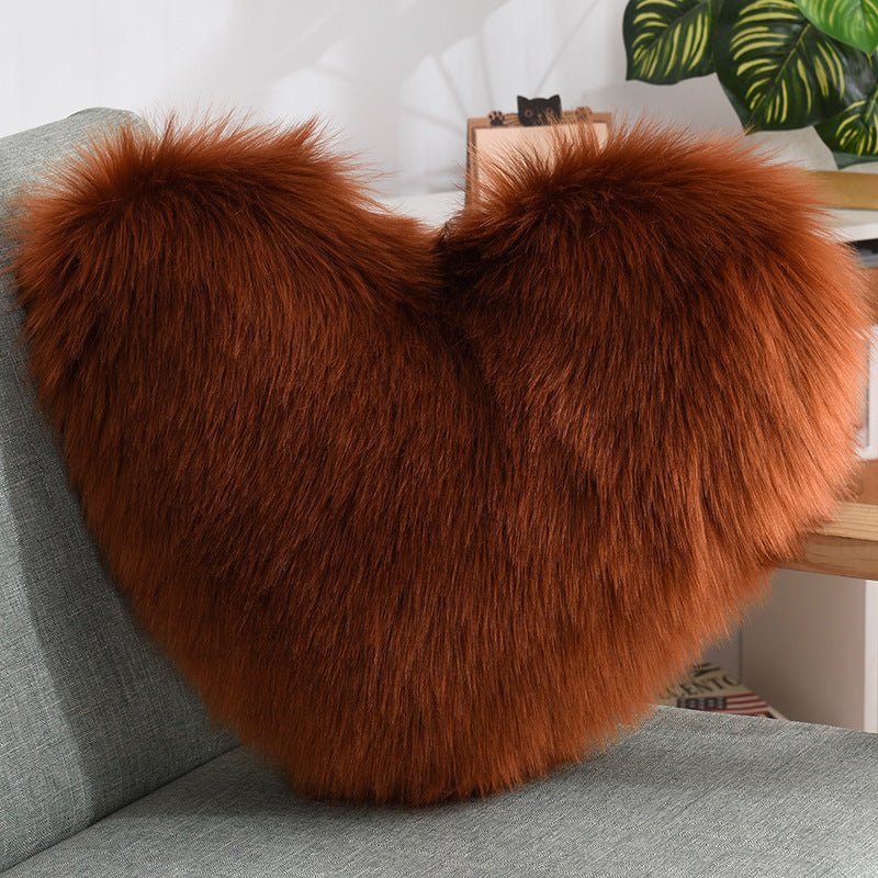 Heart-Shaped Shaggy Cushion in Plush Faux Fur in coffee