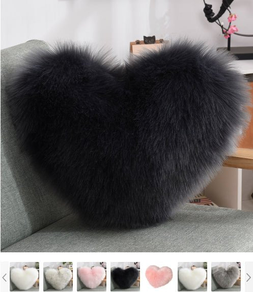 Heart-Shaped Shaggy Cushion in Plush Faux Fur in black