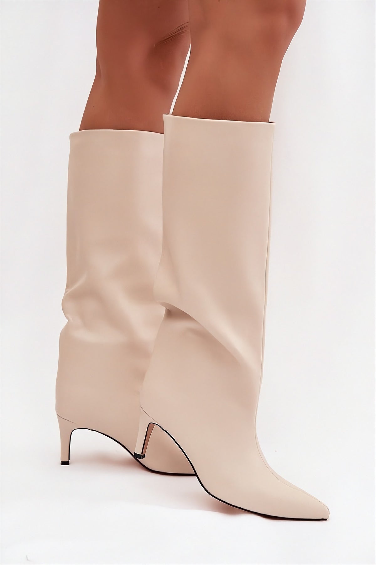 Women's Faux Leather Knee-High Pointed-Toe Boots with Kitten Heel in beige