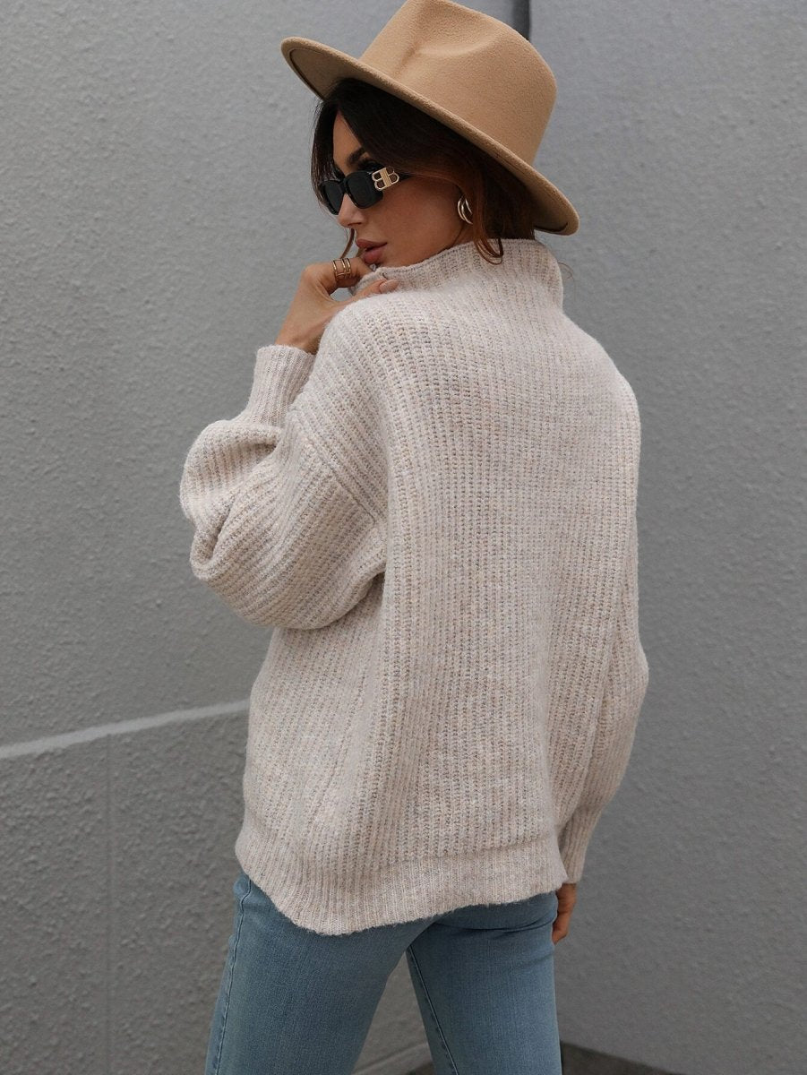 High Neck Balloon Sleeve Rib - Knit Pullover Sweater - Wow Store