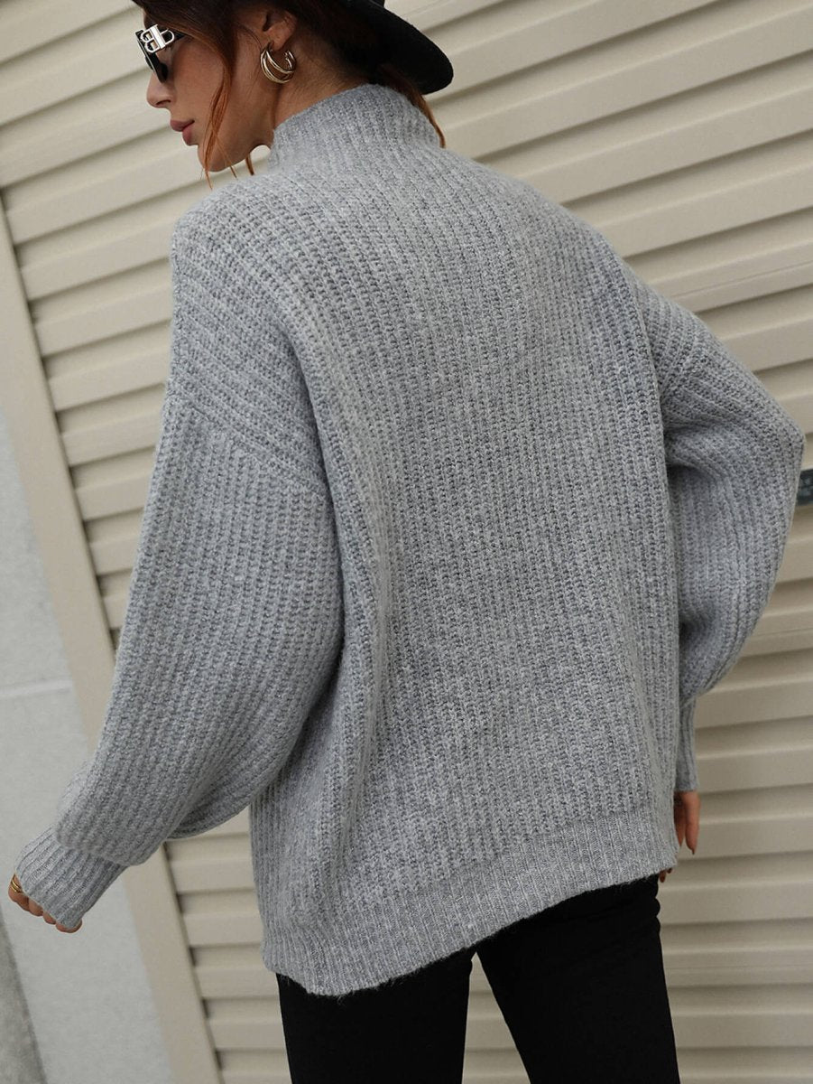 High Neck Balloon Sleeve Rib - Knit Pullover Sweater - Wow Store