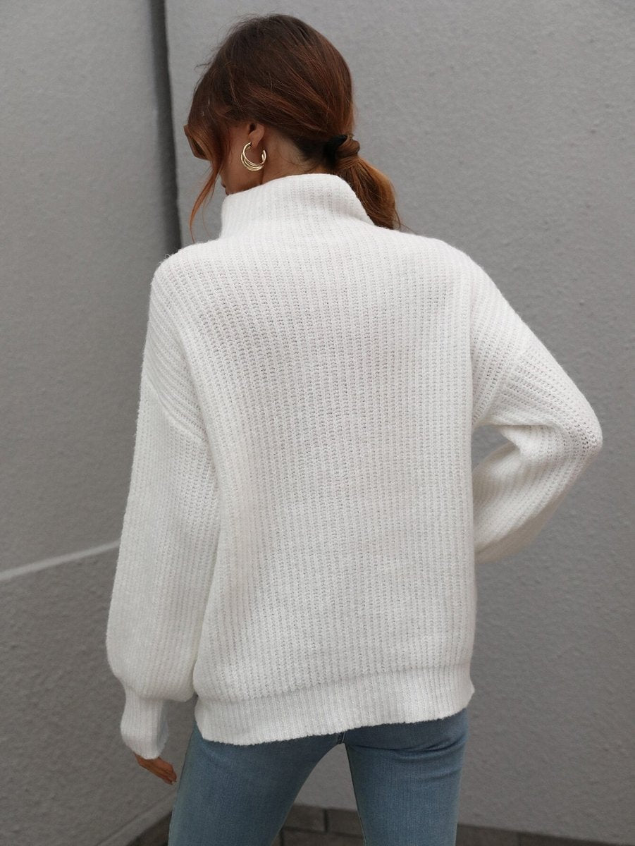 High Neck Balloon Sleeve Rib - Knit Pullover Sweater - Wow Store