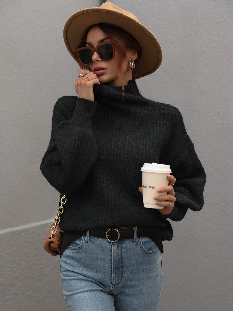 High Neck Balloon Sleeve Rib - Knit Pullover Sweater - Wow Store