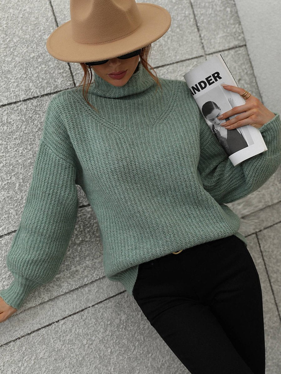 High Neck Balloon Sleeve Rib - Knit Pullover Sweater - Wow Store